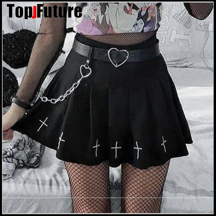 

High Waist Mini Black Skirts Gothic Streetwear Cross HEART Pleated Women Skirts Casual College Lolita Harajuku Skirt WITH CHAIN