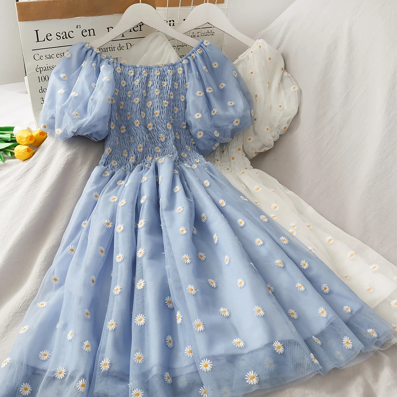 

High Waist Casual Mesh Dress Women 2024 Summer Short Sleeve Daisy Embroidery Streetwear Korean Style 5 Colors Vestidos