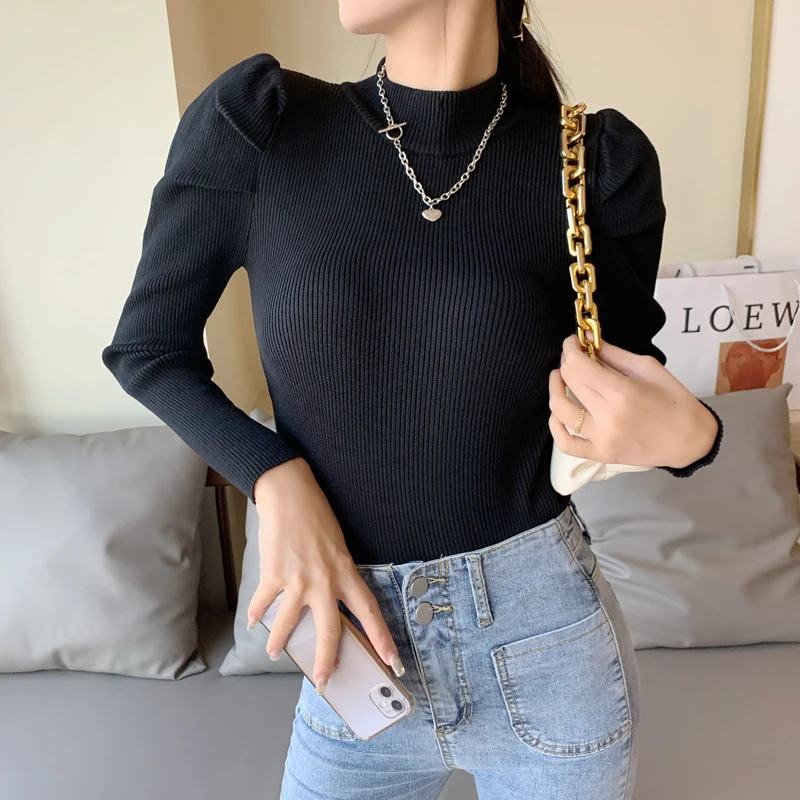 Vintage Puff Long Sleeve Turtleneck Knitted Sweater Pullovers Girls Solid Stretchy Streetwear Winter Thick Tops Jumpers Women