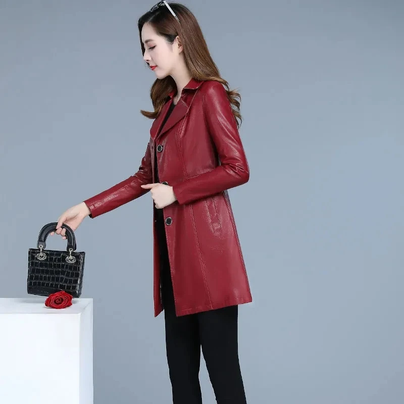 Giacca in pelle femminile Vintage 2022 donna di media lunghezza autunno inverno nuovo stile versione coreana cappotto in pelle giacca a vento bavero