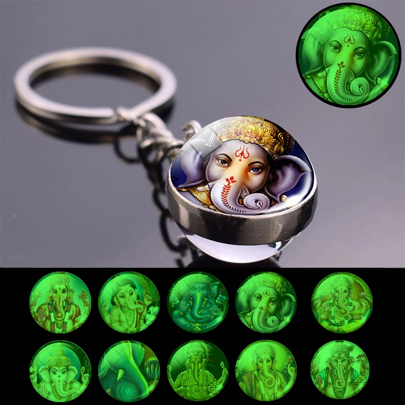 Charm Luminous Glass Ball Keychain Keyrings Lucky Indian Elephant Head God Ganesh Jewelry Glowing in the Night Wholesale