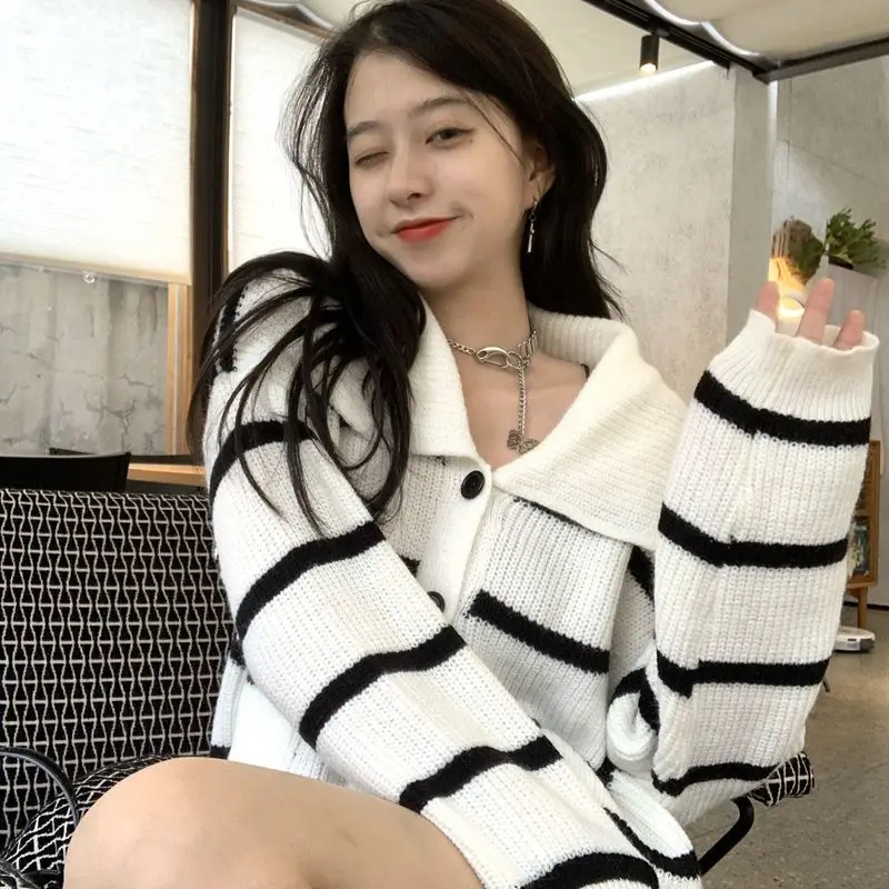 

Woman Sweaters Femme Chandails Autumn and Winter Striped Contrast Color Striped Loose Sweater Cardigan Pull Hiver