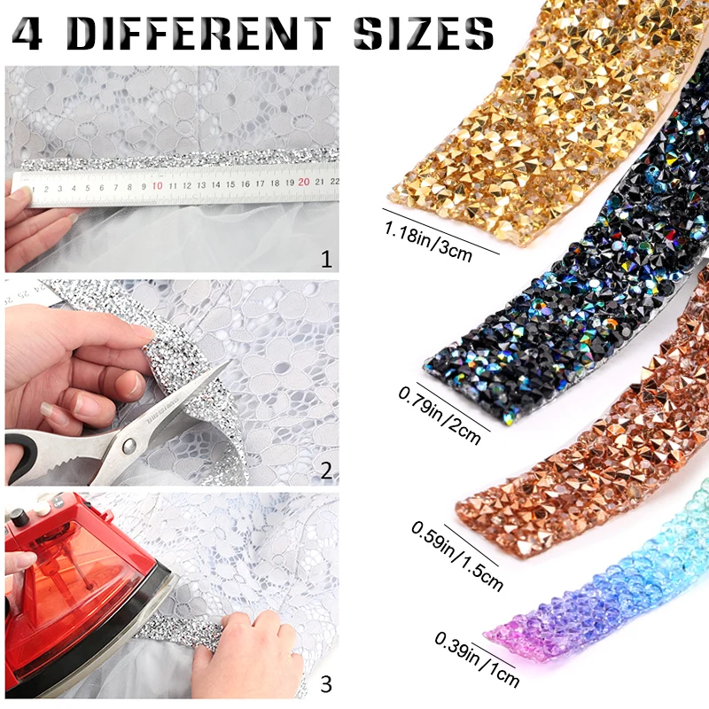 1Yard 15mm Rhinestones Trims Multicolor for Dress Decorations Glitter Crystal Ribbon Strass Trimmings Applique Rhinestone Crafts