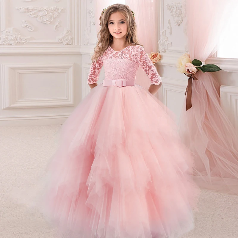 Kids White Bridesmaid Dress For Girls Children Costume Dress Long Sleeve Princess Dresses Vestido Flower Girl Party 10 12Y