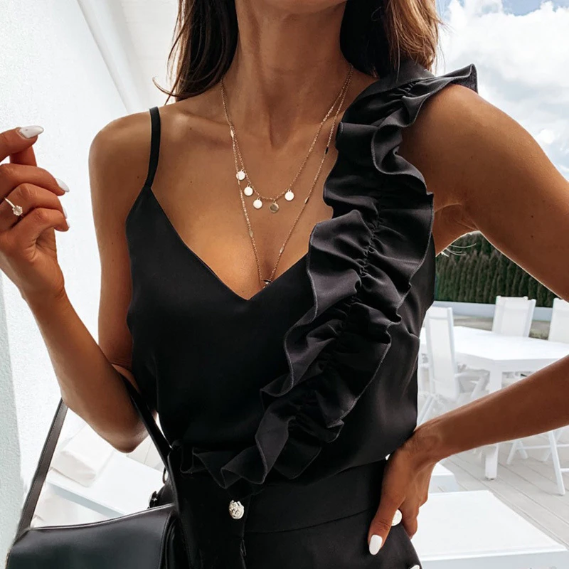 Women Summer Blouses and Shirts Sexy V Neck Ruffles Tops Elegant Backless Strap Office Ladies Sleeveless Casual Solid Blouse