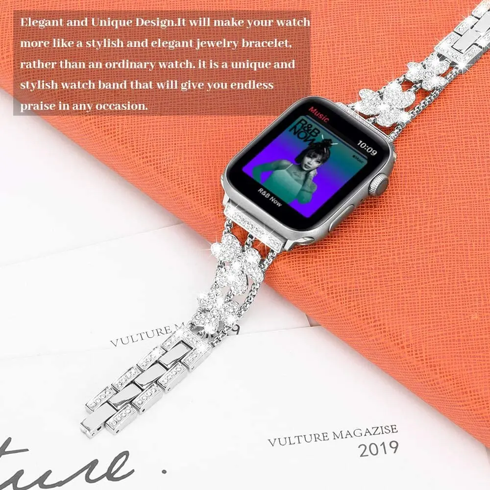 

Metal diamond strap for Apple watch 7 45mm 41mm 6 5 4 SE 44mm 40mm Luxury strap for iwatch 3 2 42mm 38mm four-leaf clover strap