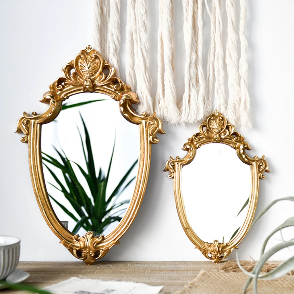 

European vintage bathroom wall Hanging makeup mirror travel victorian baroque small framed makeup mirror Resin Gold Wall Mirror