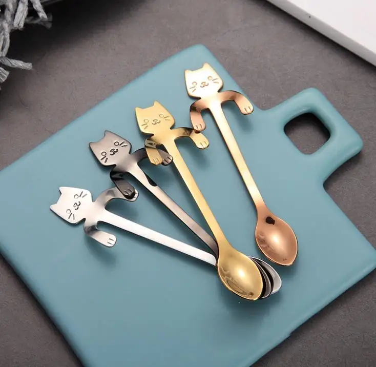 

Stainless Steel Coffee Tea Spoon Mini Cat Long Handle Hanging Spoon Drinking Tools Kitchen Gadget Flatware Tableware SN924