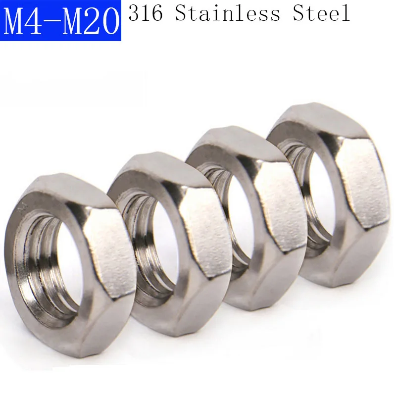 M4 M5 M6 M8 M10 M12 M14 M16 M18 M20 316 Stainless Steel Half Hex Nuts Hex Machine Nuts Thin nutsA4 - 70