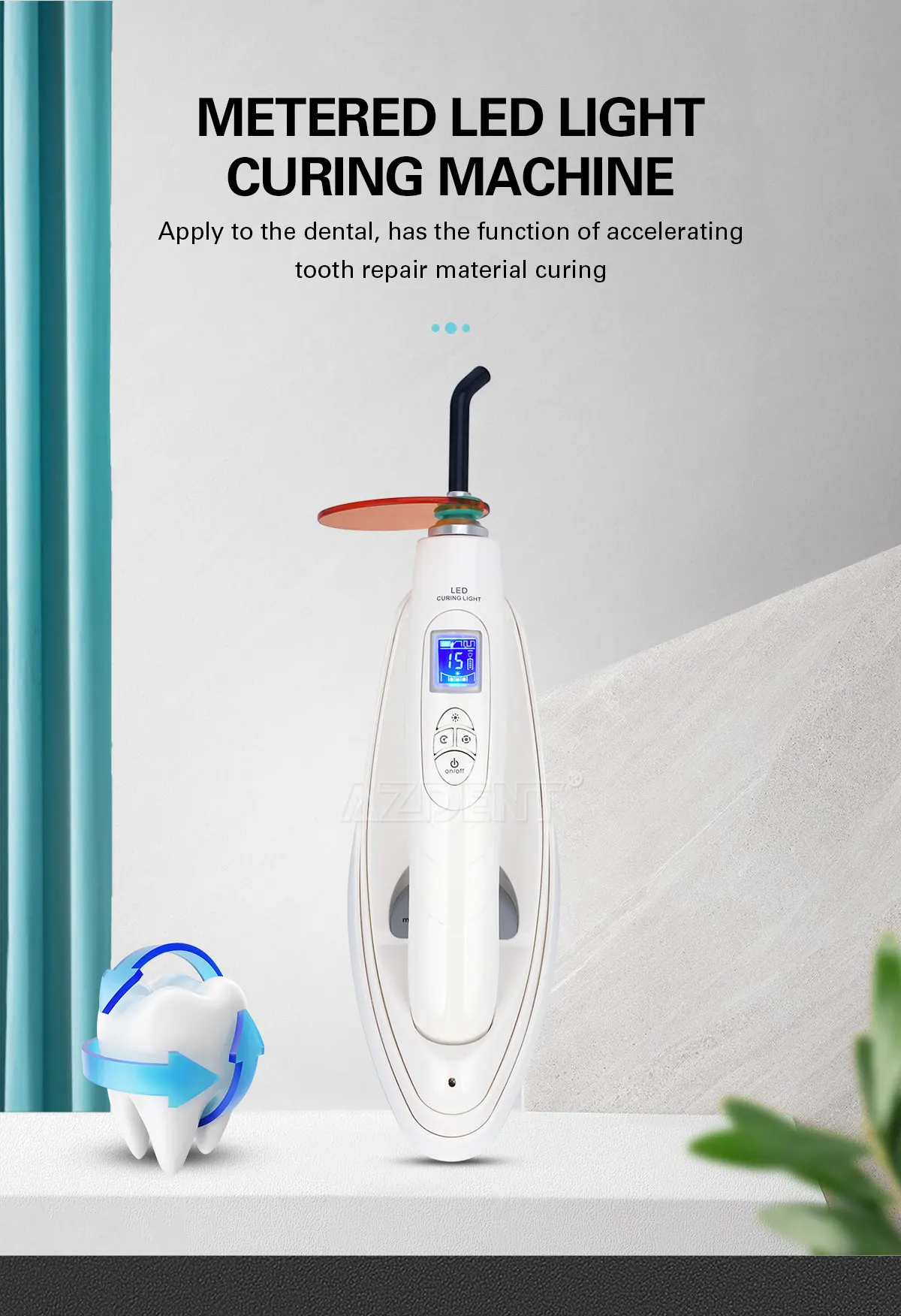AZDENT Dental-Härtungslicht, LED, kabellos, Glasfaser-Härtungslampe, 800–2000 mW/cm2, drei Gänge, Ausgang, einstellbares Timing – Detail 1