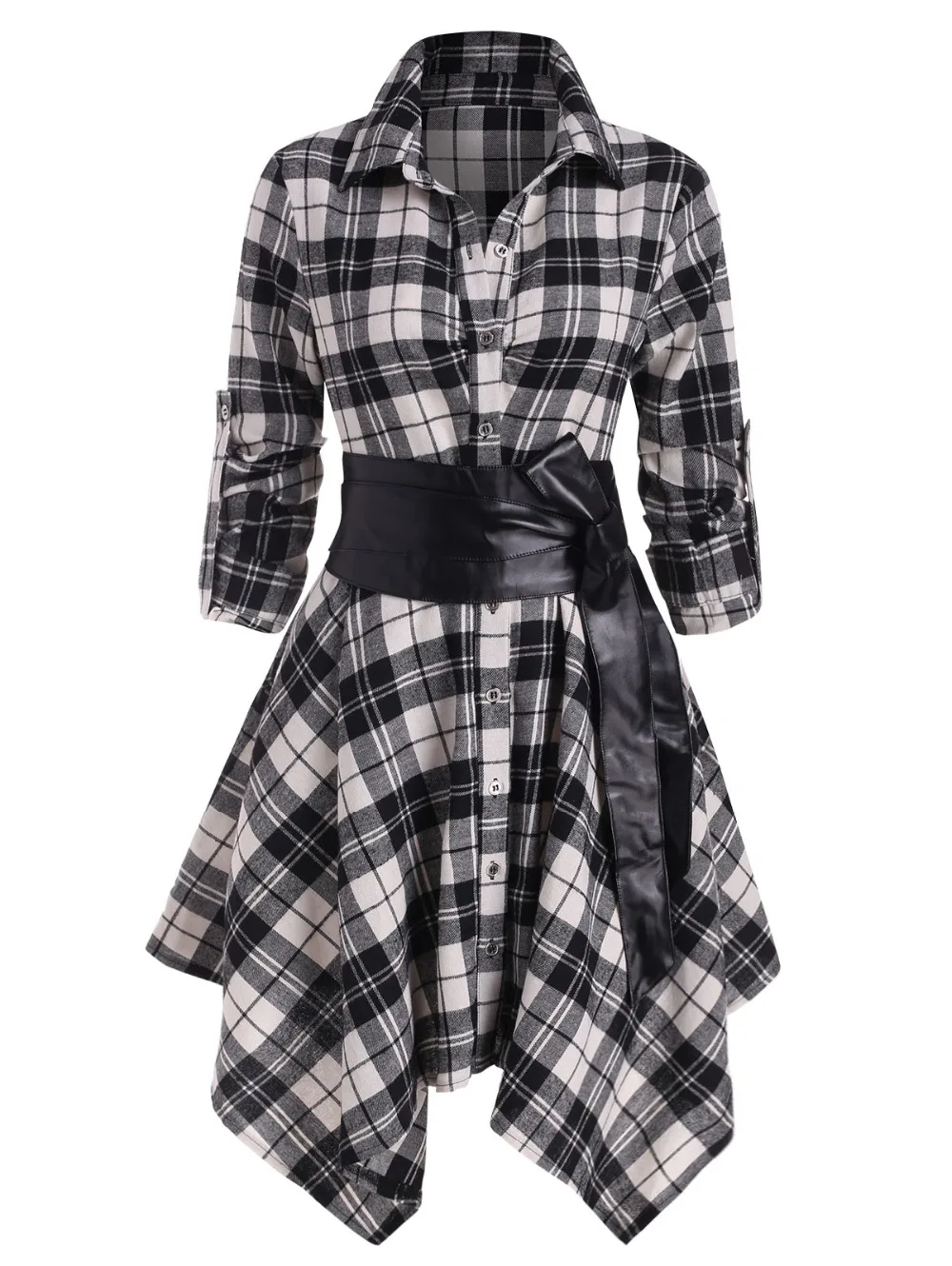 Women Red Plaid Belted Roll Tab Sleeve Handkerchief Dress Grunge Gothic Casual Dresses Vestidos Button Up Long Sleeve Streetwear