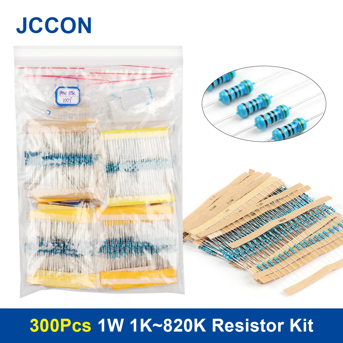 

300Pcs 1W 1K~820K Metal Film Resistor Assorted Kit 30Values x 10Pcs=300Pcs Sample Kit Color Ring Resistance 1K 1K5 2K