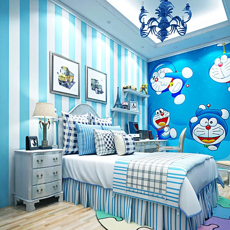 Mediterranean Blue Wallpaper Non-Woven Bedroom Children's Room Doraemon Dingdang Cat Theme Blue Vertical Stripes Wallpaper