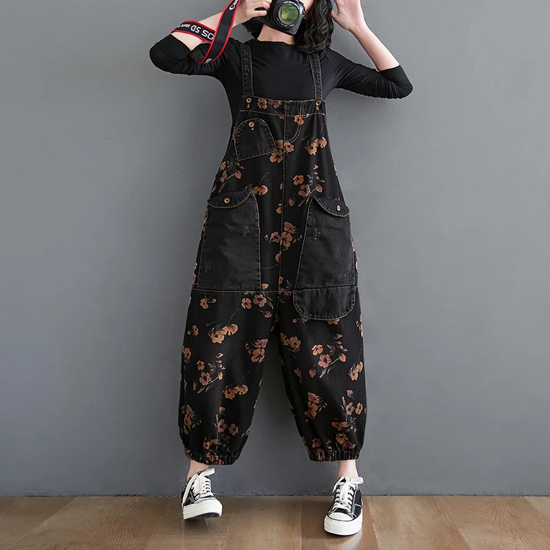 Loose Jeans Black Jumpsuit Women Casual Oversized Baggy Cargo Pants Big Pockets Print Floral Denim Overalls Straps Jean Rompers