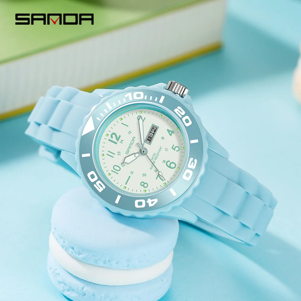 Fashion Sanda Top Brand 2023 New Ladies Wrist Watches Dress Blue Watch Women Silicone Strap Clock With Day Montre Femme 1053