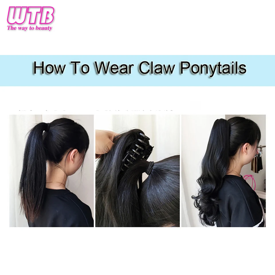 WTB Synthetic Long Wavy Claw on Hair Tail False Hair Ponytail Hairpiece Drawstring Wave Black Ponytail Extensions for Women