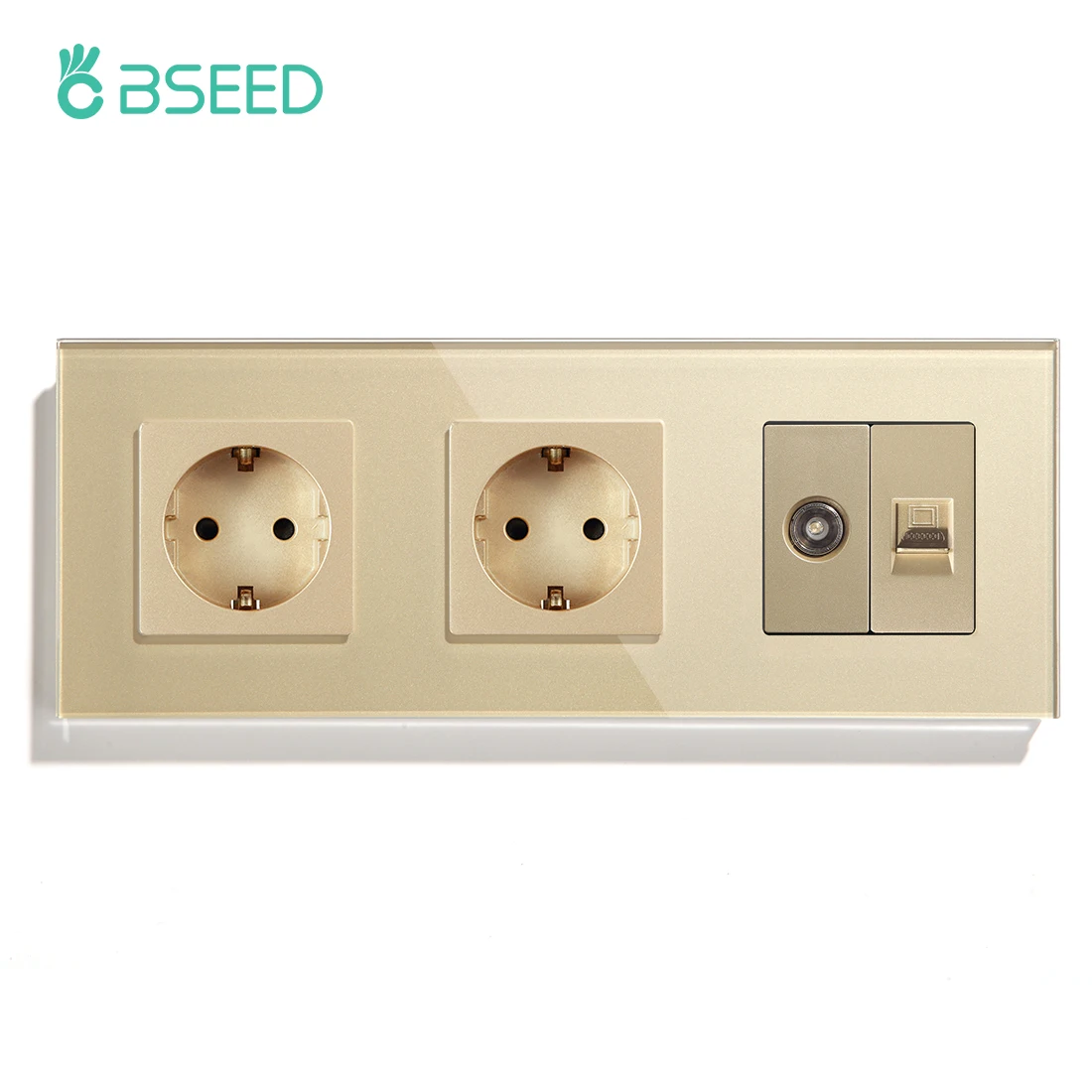 BSEED EU Standard Socket Double Frame Wall Glass Socket With Ethernet Cable TV Mult Socket Panel Charging Interface Power Outlet