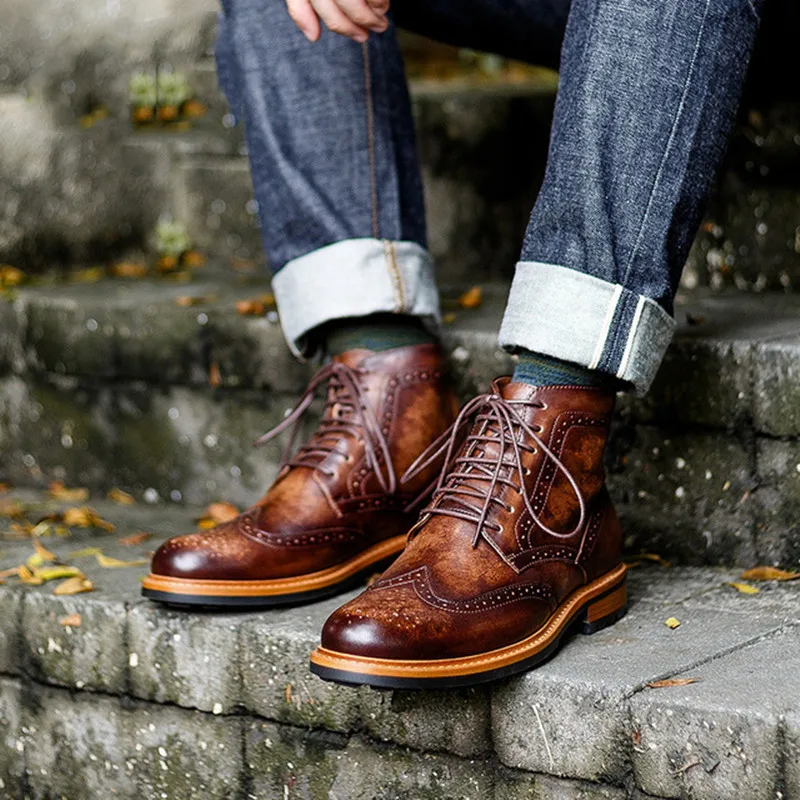 2024 Vintage Men Chelsea Boots Luxury Genuine Leather Handmade Brogue Shoes Fashion High Quality Lace up Leisure Casual Botas