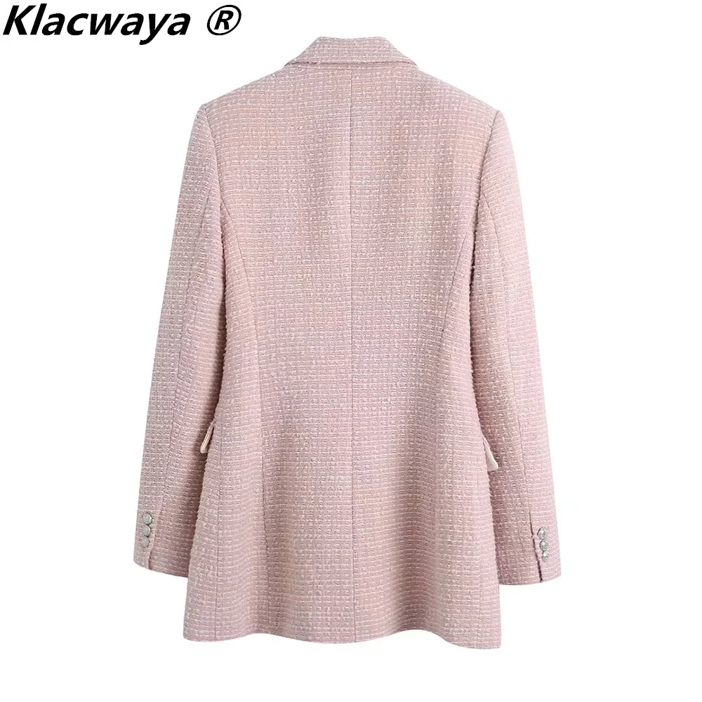 Klacwaya Spring Autumn Tweed Blazer Jackets For Women 2021 Notched Double Breasted Office Lady Pink Blazer Casual Women Blazers