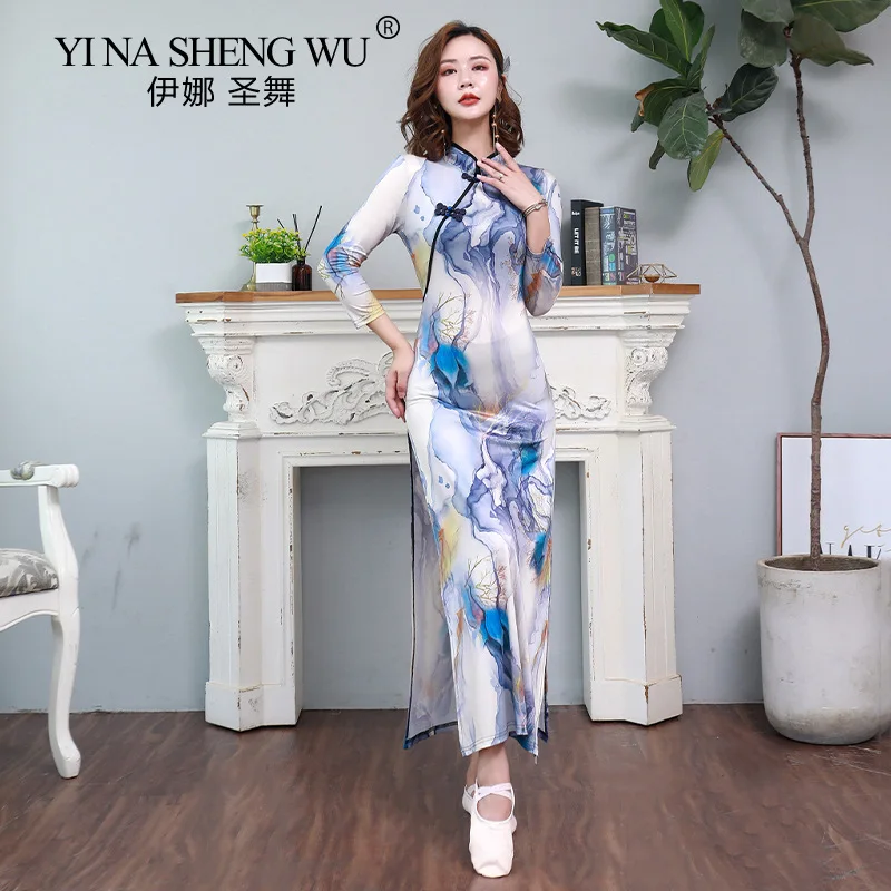 

Woman Classical Dance Chinese Style Long-sleeved Cheongsam Practice Clothes Elegant Ruffled Performance Dress Mid-length Skirt