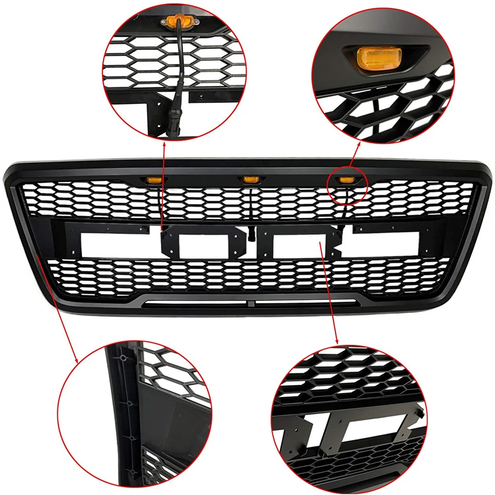 Griglia paraurti anteriore in ABS nero griglia stile Raptor con luci a LED ambra e lettere per Ford F150 2004-2008