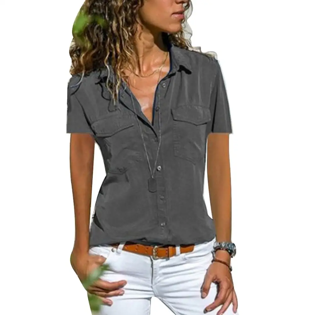  Women Summer Shirt Short Sleeve Turn-down Collar Shirts Lapel Button Pocket Solid Color Casual Blouses Daily Wear Tops