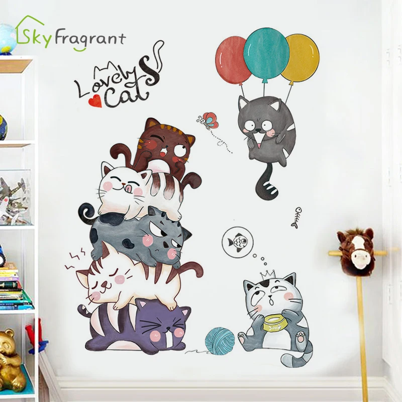 Cartoon Cute Cats Animals Wall Stickers For Kids Rooms Child Bedroom Wardrobe Door Wall Decor Self Adhesive Sticker Wallpapers