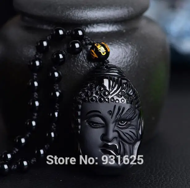 New Wonderful Natural Black Obsidian Hand Carved Buddha Devil Blink Lucky Amulet Pendant + Beads Necklace Fashion Jewelry