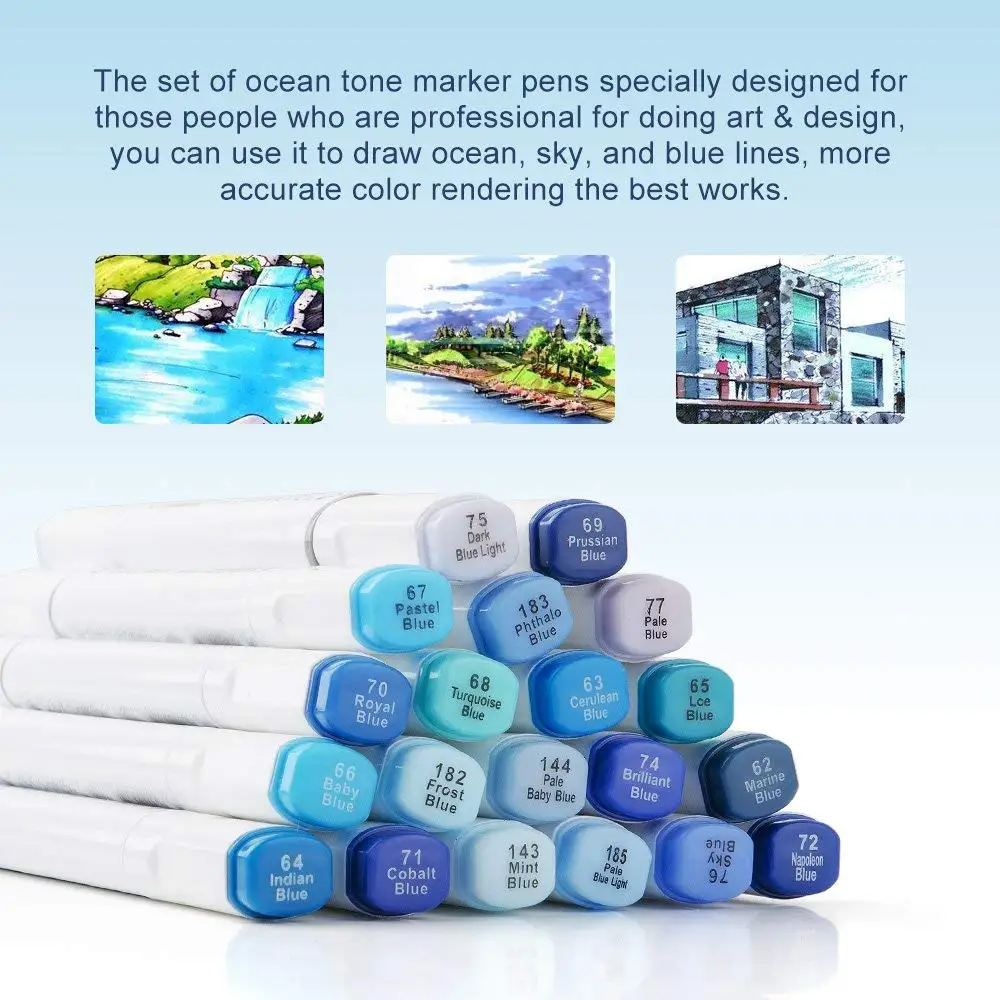 20 colors TOUCHNEW 6 Marker Pens Sky Blue Series Color Blendable Alcohol Dual Tips for Art Sketch Ocean Landscape Design