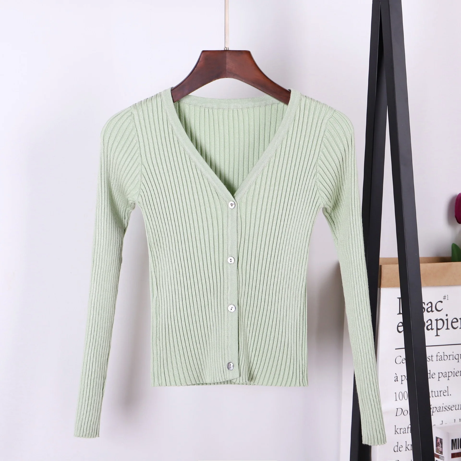 V-neck Thread Short Sweater Women's Long Sleeve Knit Sweater Slim Thin High Waist Jacket Feminine Streetwear