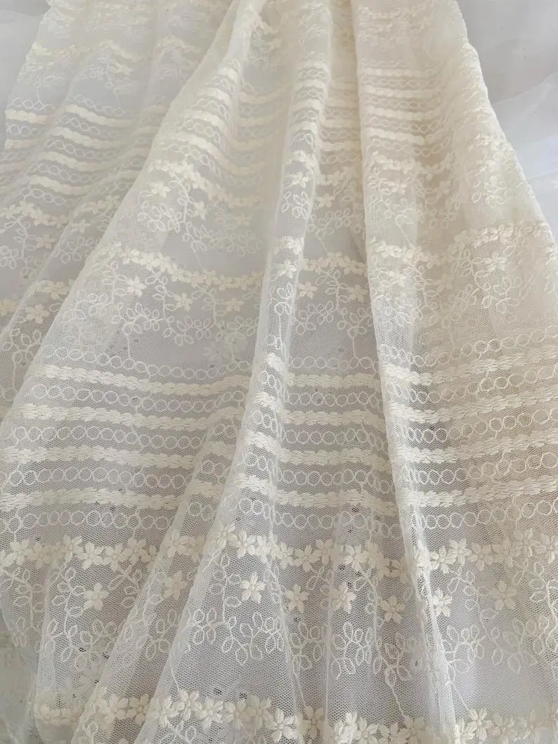 1 Yard Ivory Embroidered Tulle Lace Fabric With Elegant Florals Beige Mesh Lace Fabric Retro Style Wedding Table Cloth