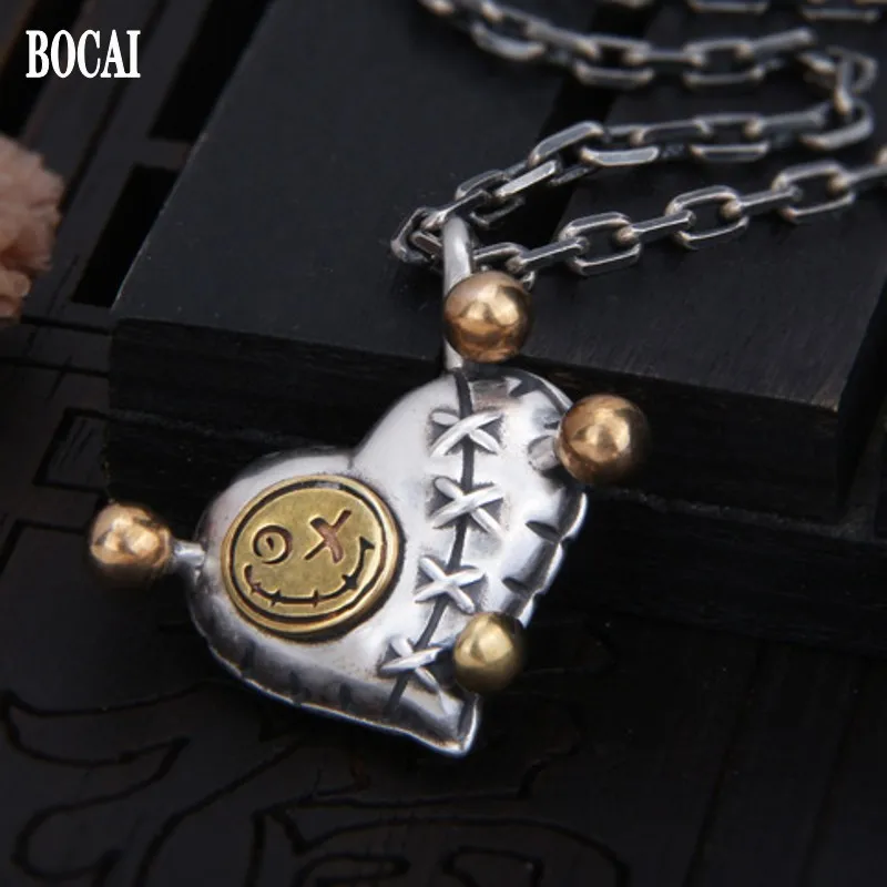 BOCAI Real s925 Silver Retro Love Heart shape balloon peach Heart Men and Women Pendant 2021 Trendy Sweater Chain Accessories