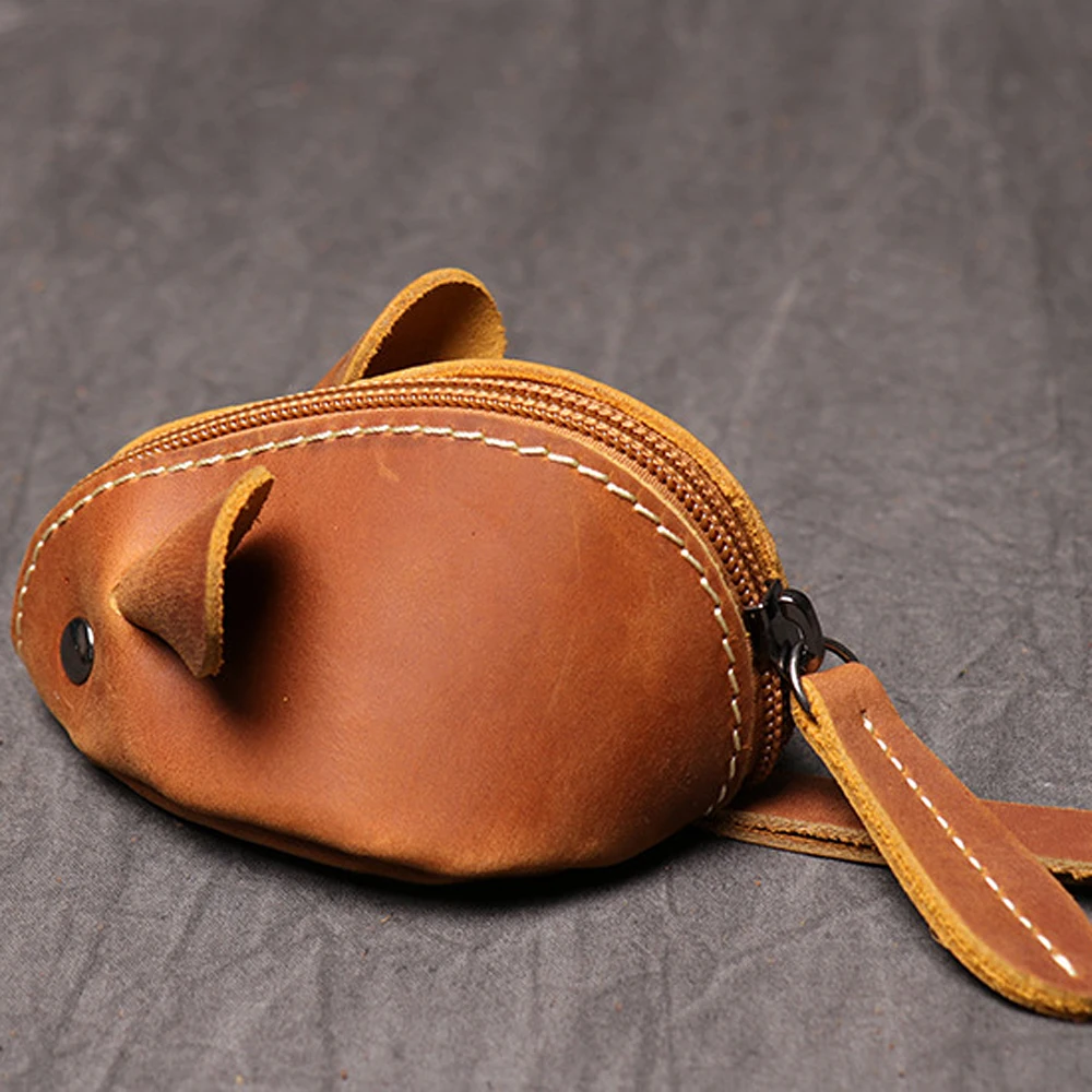 Monedero de cuero hecho a mano de lujo para niños, cartera portátil para llaves, bolso para auriculares, lindo monedero de rata de dibujos animados,