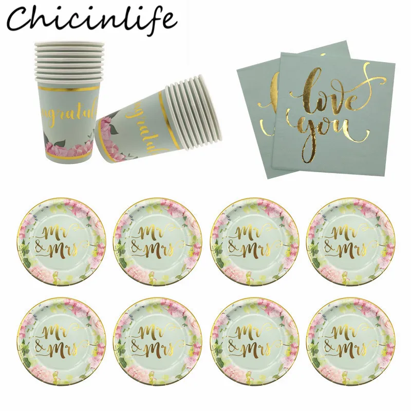 Chicinlife Wedding Party Disposable Tableware Mr Mrs Paper Plates Cups  Love You Napkins Bridal Shower Bachelorette Party Decor