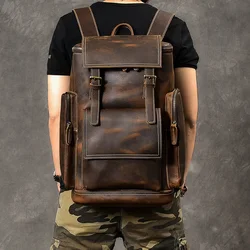 Retro Genuine Leather Men's Backpack Large Capacity Laptop Bag School Backpack Male Shoulder Bags Brown Leather Travel Backpacks