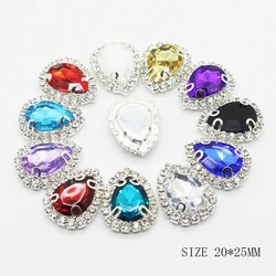 10pc 20*25mm Water drop Rhinestone acrylic Flat back buttons Silver 4-hole sewing Metal Button DIY Handwork clothing decoration