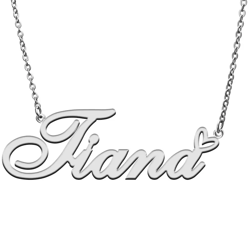 Tiana Name with Love Heart Necklace for Women Stainless Steel Jewelry Nameplate Pendant Femme Mother Child Girls Gift