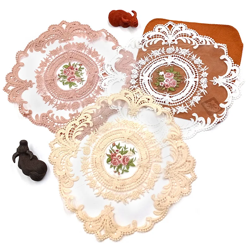 BEI Lace embroidered cup mats flower tablecloth European tea table oval cushion hollow out embroidery lunxury mats home decroate