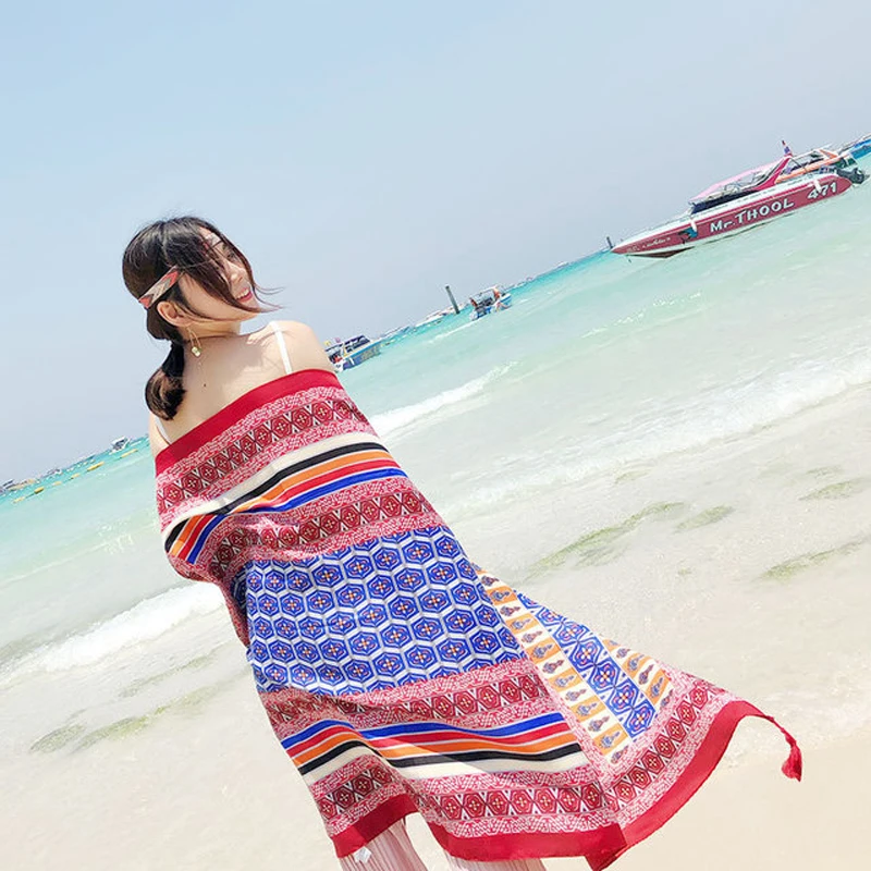 Beach Travel Scarf 2022 Summer New Women Luxury  Cotton Bohemian Print Shawl Scarves Women\'s Beach Pareos Bandana Foulard Femme