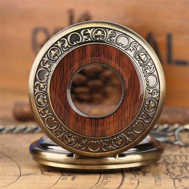 Reloj de bolsillo mecánico con caja de madera Vintage, reloj de cuerda manual con pantalla de números romanos, cadena colgante, regalos para hombres y mujeres