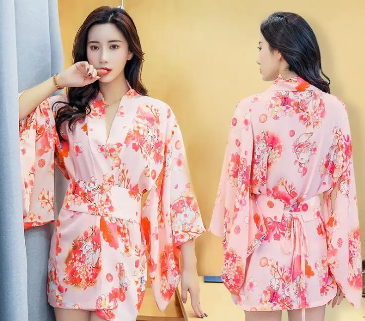 Gợi Cảm Nhật Bản Áo Choàng Tắm Voan Ngắn Kimono Nữ In Hình Đồng Phục Kích Thước Lớn Giúp Việc Áo Ngoài Dành Cho Nữ