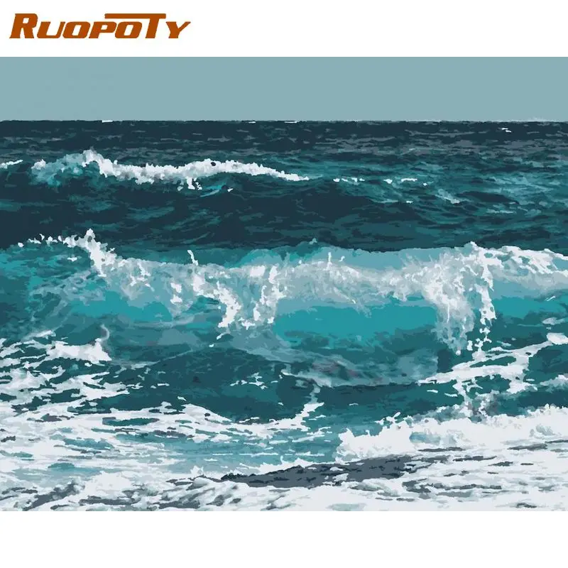 RUOPOTY Frame Diy Painting By Numbers Acrylic Wall Art Picture Wave Seascape Coloring By Numbers For Diy Gift Artwork 60x75cm