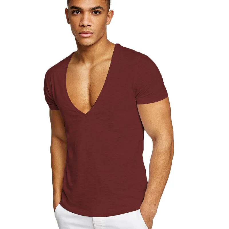 Summer Sexy Deep V-Neck Men\'s T Shirt Low Cut Vneck Wide Vee Tee Male Tshirt Short Sleeve Causal Solid Tops Invisible Undershirt