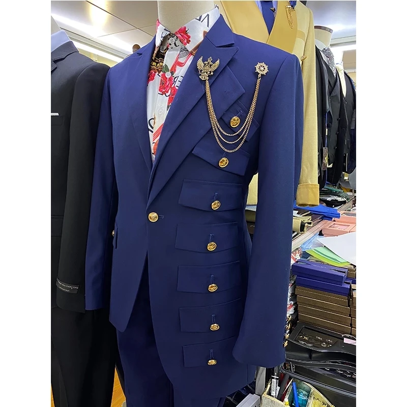 

JELTONEWIN Handsome Design Custome Homme Business Peaked Lapel Navy Bule Men Suits 2 Pieces Slim Fit Tuxedos Wedding Men Suits