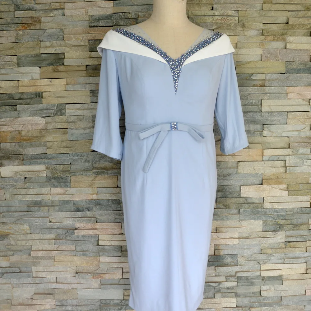 Tailor Shop Mother Of Bride Dress Groom Party Occasion Wear Light Blue Short Beaded  Plus Size Evening Dress