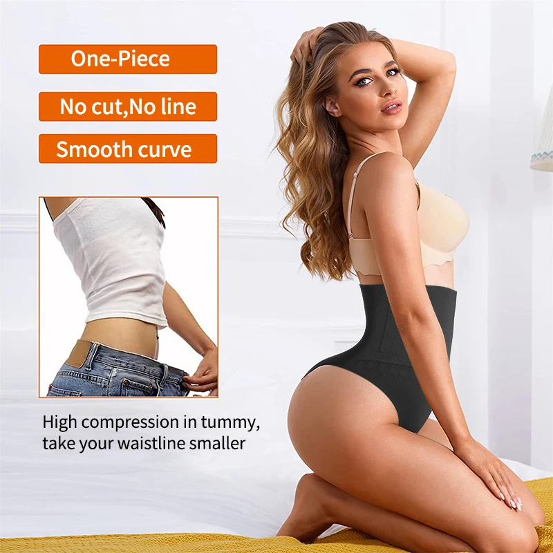 High Waist Body Shaper Thongs Shapewear for Women Panties Tummy Control Slimming Seamless Underwear Nude Black T-Back Brief