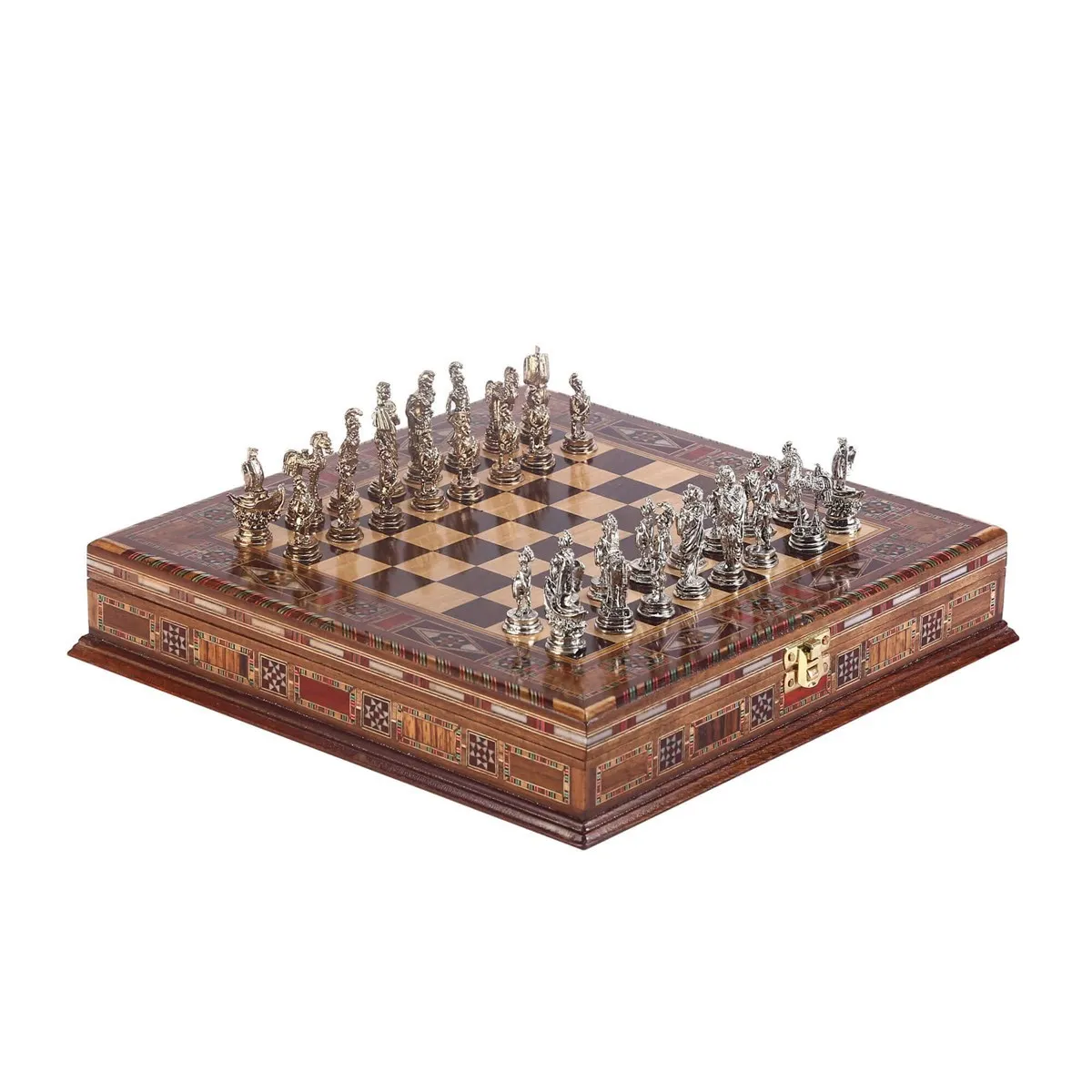 

Historical Troy Figures Metal Chess Set for Adult, Handmade Pieces, Natural Solid Wooden Chess Board, storage Inside King 6 cm