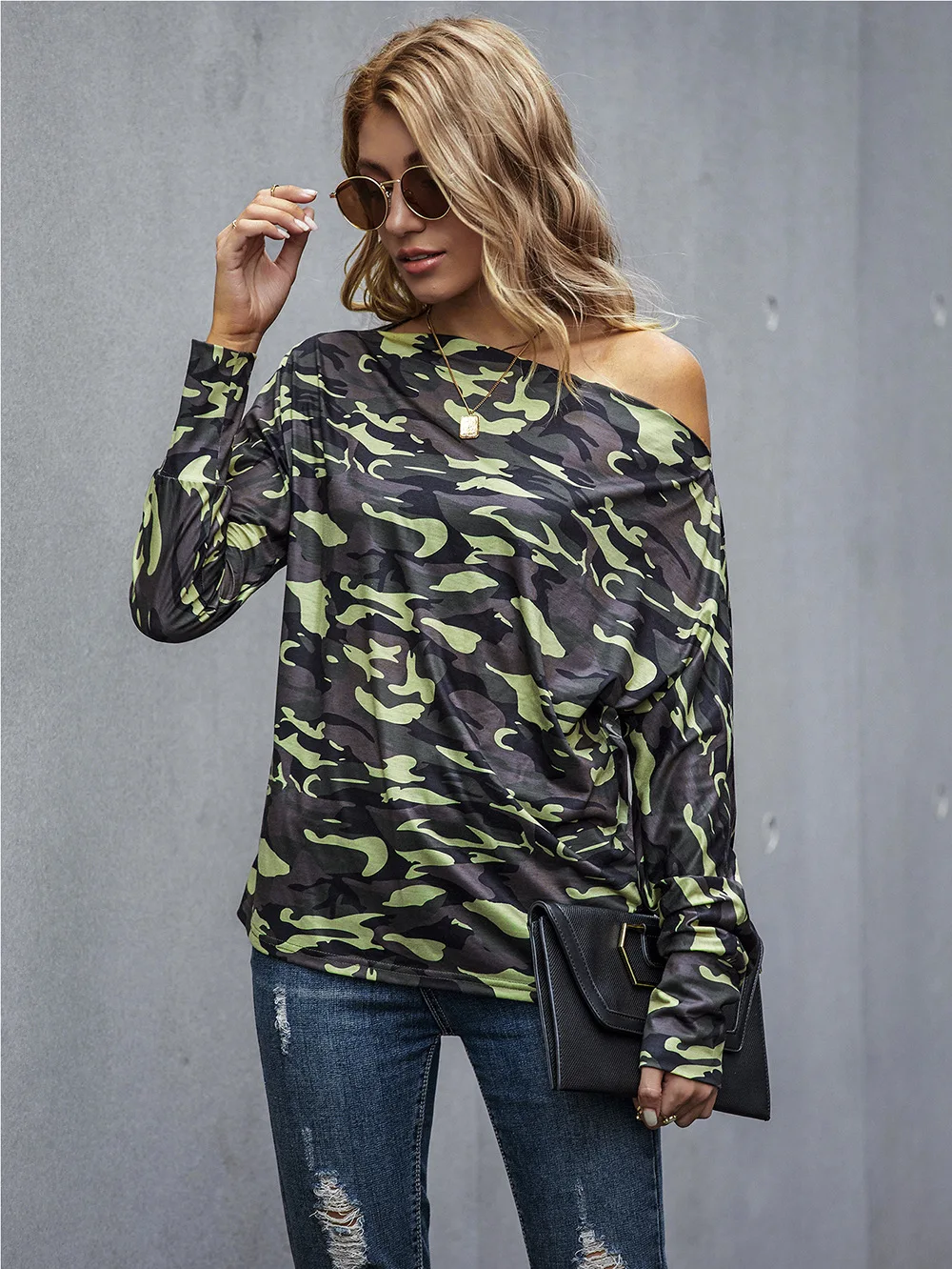 Womens Off-shoulder T-shirts Fashion Camouflage Knit Loose Bottoming Shirt  Fall Winter Long Sleeve Casual Women T-shirt Tops