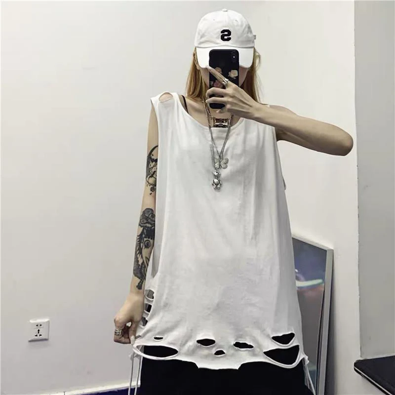 Summer Harajuku Hip Hop Ripped Hole Women Vest Beggar Outfit Loose Oversized Tank Top Sports T Shirt Streetwear Black Gray White