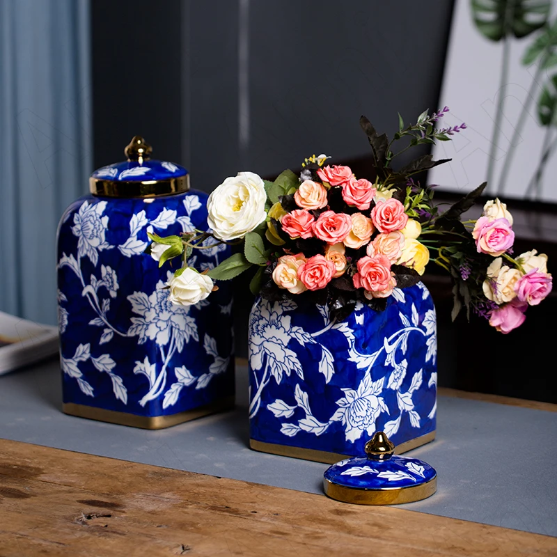 Jarrón de cerámica con flores pintadas de trazo dorado, adornos artesanales de porcelana china Vintage azul y blanca, macetas decorativas para el hogar